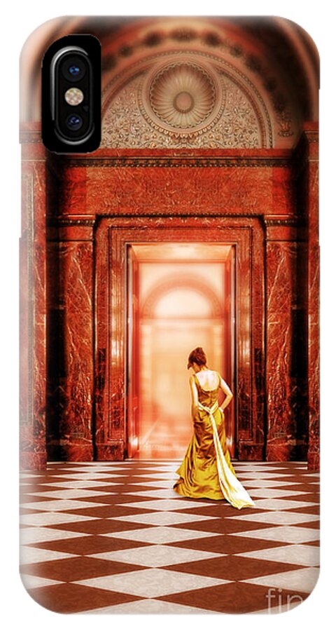 Woman iPhone X Case featuring the photograph Lady in Golden Gown Walking Through Doorway by Jill Battaglia
