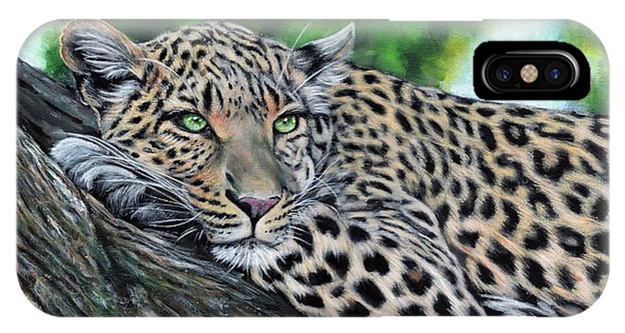 Leopard iPhone X Case featuring the painting Leopard on Branch by John Neeve