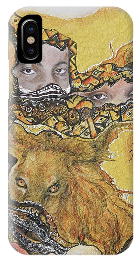 Fantasy iPhone X Case featuring the drawing Lion power by Bernadett Bagyinka