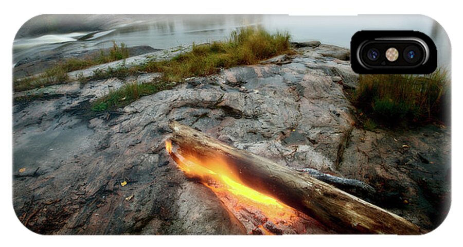 Manitoba iPhone X Case featuring the digital art Log on fire Manitoba lake wilderness by Mark Duffy