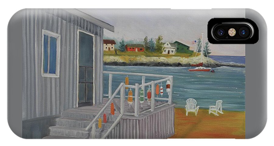 Seascape Landscape Ocean Waves Water Cottage Boat Cove Chamberlain Maine iPhone X Case featuring the painting Long Cove View by Scott W White