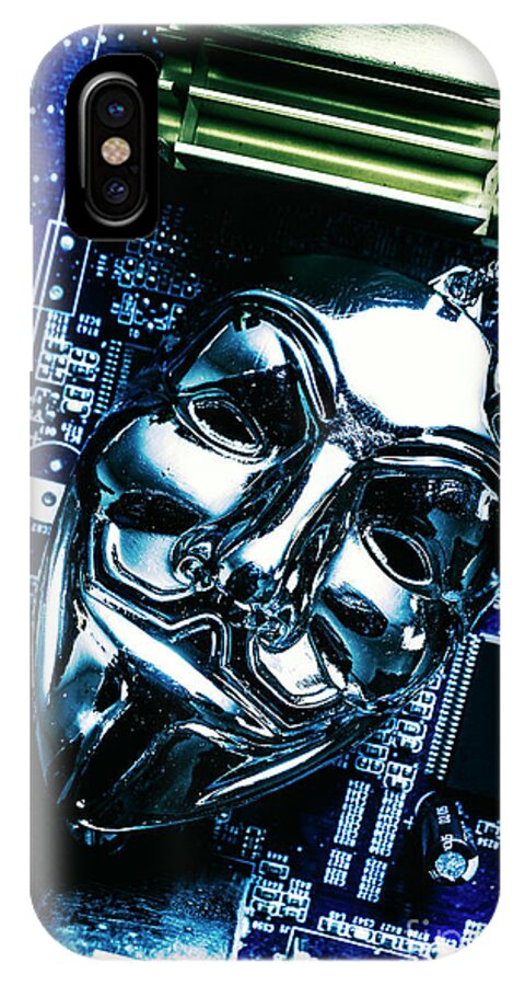 Cyber iPhone X Case featuring the photograph Metal anonymous mask on motherboard by Jorgo Photography