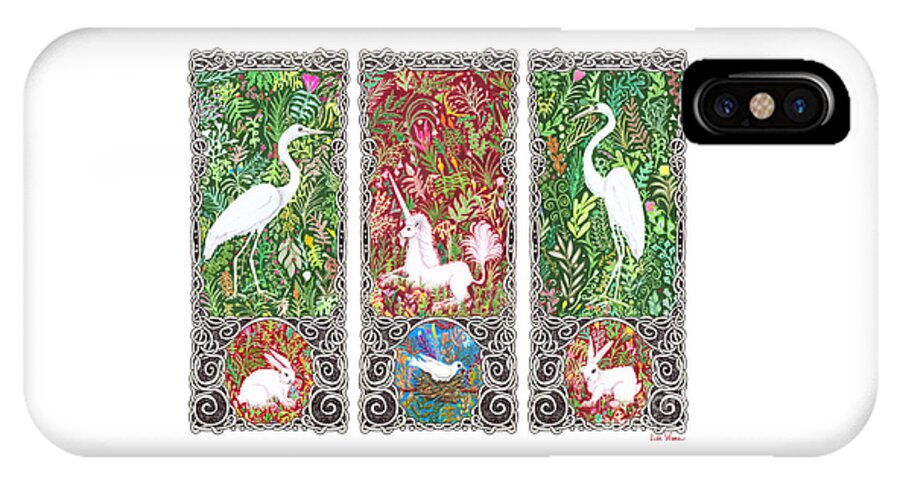 Lise Winne iPhone X Case featuring the drawing Millefleurs Triptych with Unicorn, Cranes, Rabbits and Dove by Lise Winne