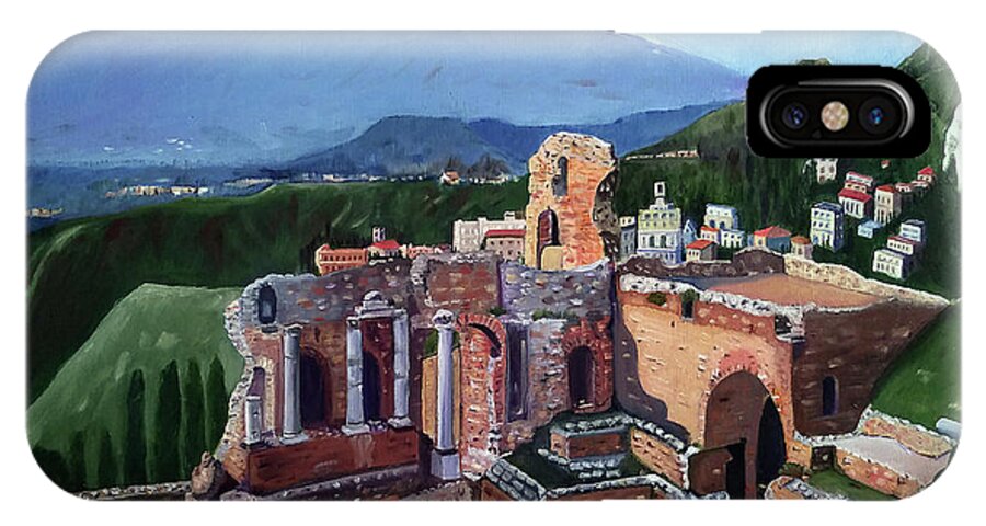 Oil iPhone X Case featuring the painting Mount Etna and Greek Theater in Taormina Sicily by Mary Capriole