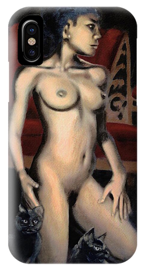 Original Oil iPhone X Case featuring the painting NUDE FEMALE Woman Kneeling with Cats by G Linsenmayer