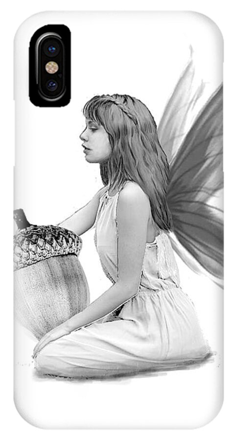 Oak Tree iPhone X Case featuring the digital art Oak Tree Fairy with Acorn B And W by Yuichi Tanabe