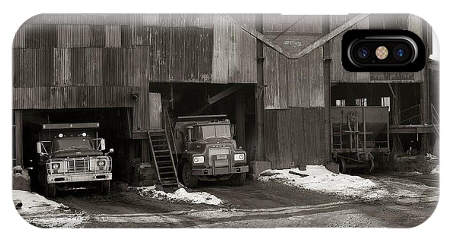 Olyphant Pa iPhone X Case featuring the photograph Olyphant PA Coal Breaker Loading Trucks and Gondola Car Winter 1971 by Arthur Miller