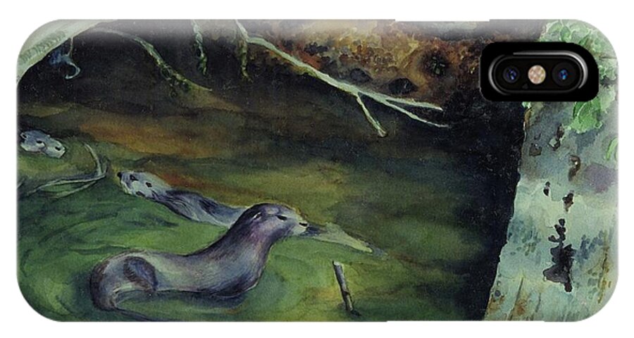 Otters iPhone X Case featuring the painting Otters in Dora Passage by Judy Swerlick