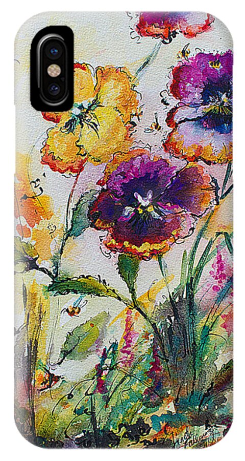 Flowers iPhone X Case featuring the painting Pansies In My Garden Watercolor and Ink by Ginette Callaway
