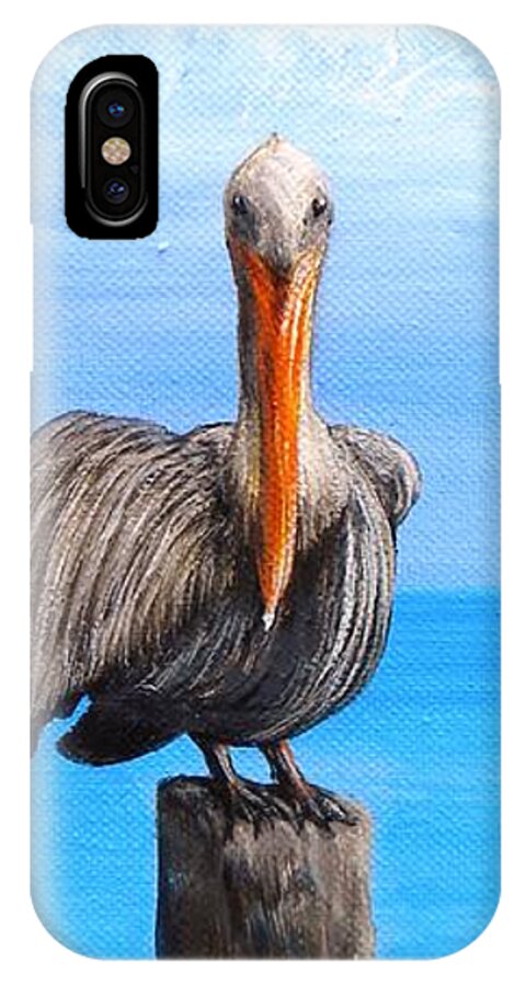 Pelican iPhone X Case featuring the painting Pelican on Pier by JoAnn Wheeler