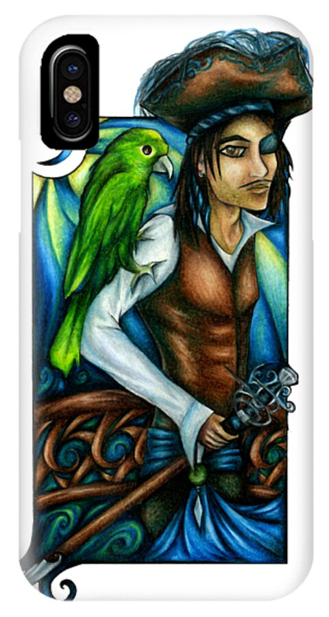 Pirate Art iPhone X Case featuring the drawing Pirate With Parrot Art by Kristin Aquariann
