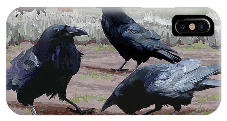 Birds iPhone X Case featuring the painting Raven Gathering by Pam Little