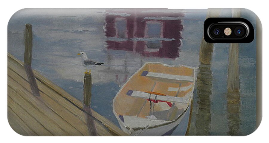 Reflection Red Boat Dock Harbor Seagull Ocean Building Landscape iPhone X Case featuring the painting Reflection In Red by Scott W White