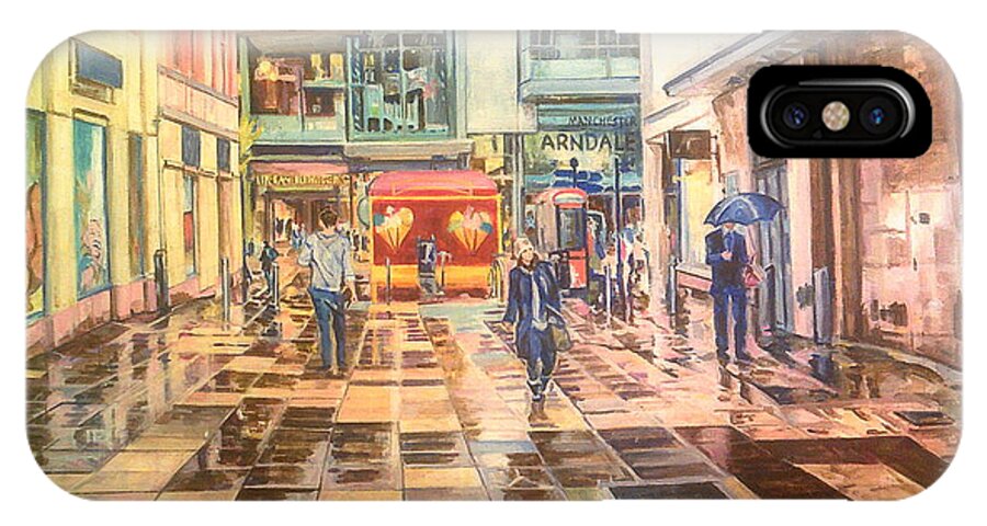 Reflections Pavement Arndale Centre Manchester Figures People iPhone X Case featuring the painting Reflections In The Pavement, Brown Street, Manchester by Rosanne Gartner
