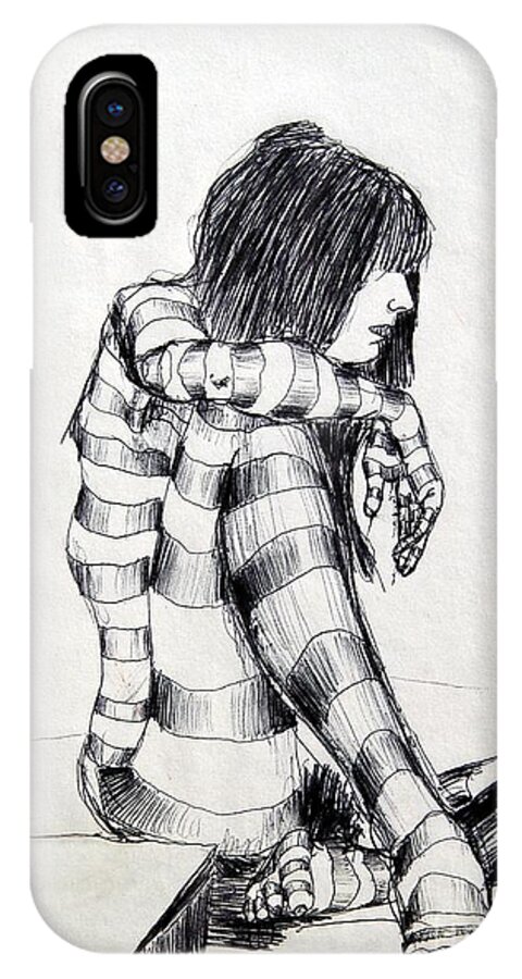 Ink Drawing iPhone X Case featuring the drawing Seated Striped Nude by Ronald Bissett