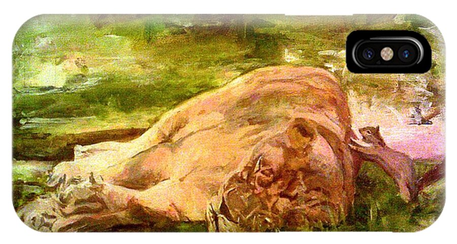 Sleeping Lionness Pushy Squirrel Attempts To Move Lionness Off Its Nuts iPhone X Case featuring the painting Sleeping Lionness Pushy Squirrel by Rosanne Gartner