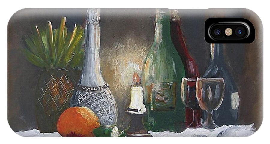 Still Life Wine Bottles Glass Fruits Candle Fire Orange Table Cloth Pineapple Rose Flower Dark Brown Red White Lemon Drink Acrylic On Canvas Print Green iPhone X Case featuring the painting Still Life by Miroslaw Chelchowski
