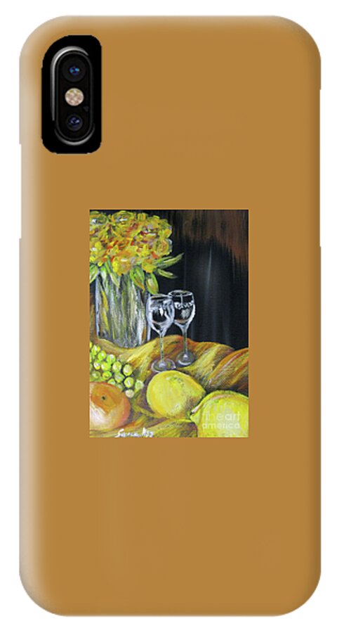 Original Acrylic Painting iPhone X Case featuring the painting Still Life with wine glasses, Roses and Fruit. Painting by Oksana Semenchenko