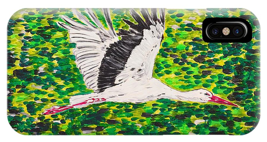 Stork iPhone X Case featuring the painting Stork in Flight by Valerie Ornstein