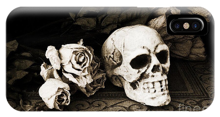 Skeleton Art iPhone X Case featuring the photograph Surreal Gothic Dark Sepia Roses and Skull by Kathy Fornal