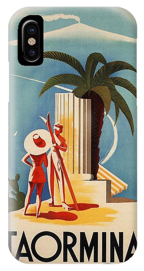 Taormina iPhone X Case featuring the mixed media Taormina, Sicily, Italy - Couples - Retro travel Poster - Vintage Poster by Studio Grafiikka