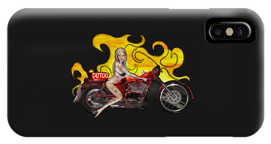 Pop Art Style Pretty Pinup Bikini Biker Girl With Tattoos Of Playing Card Symbols iPhone X Case featuring the photograph Tattoo pinup girl on her motorcycle by Tom Conway