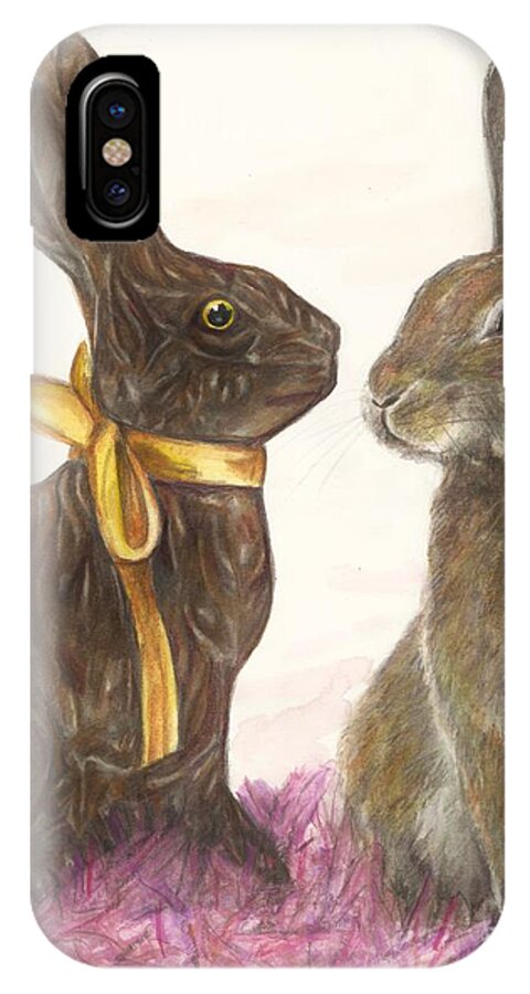 Bunny iPhone X Case featuring the drawing The chocolate imposter by Meagan Visser