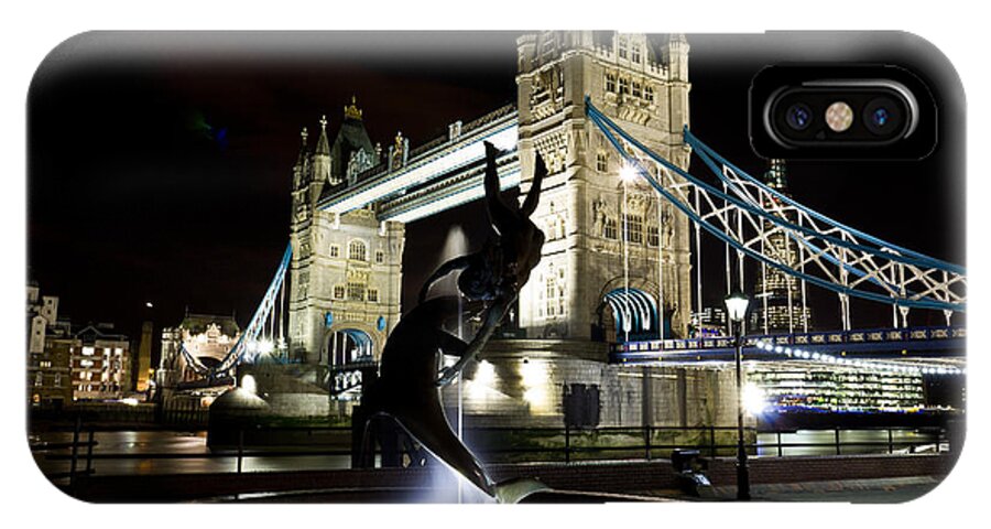 Tower Bridge iPhone X Case featuring the photograph Tower Bridge With Girl and Dolphin Statue by David Pyatt