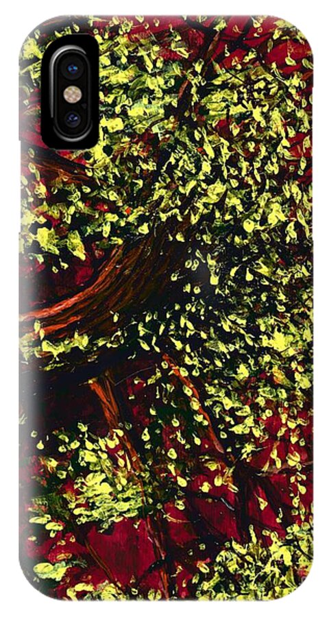 #trees #landscapes #red #green #forests #sunlight iPhone X Case featuring the painting Tree with Red Sky by Allison Constantino