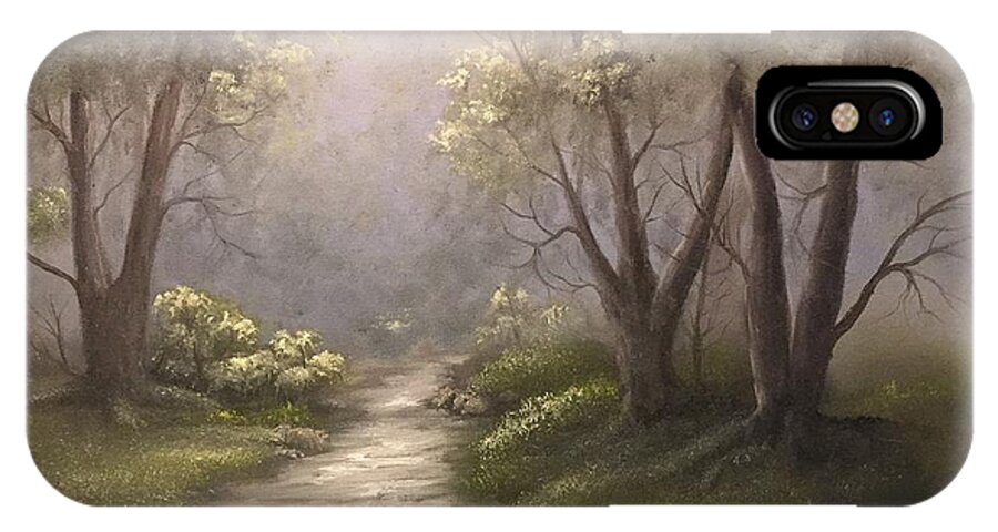 Forrest. Sunday's Path Water Stream Trees Oak Tree Light Magical Heavenly Deep Forest iPhone X Case featuring the painting Twin oaks by Justin Wozniak