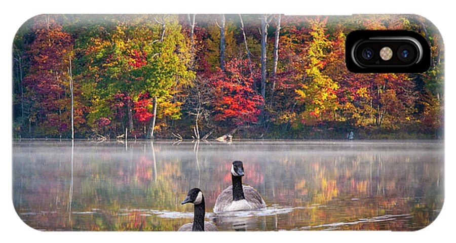 Canada iPhone X Case featuring the photograph Two Canadian Geese swimming in Autumn by Randall Nyhof