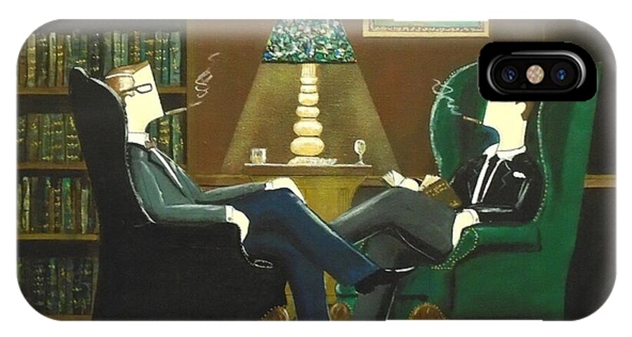 John Lyes iPhone X Case featuring the painting Two Gentlemen Sitting in Wingback Chairs at Private Club by John Lyes