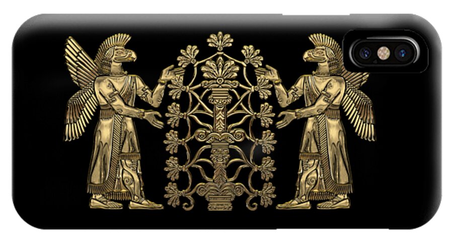 ‘treasures Of Mesopotamia’ Collection By Serge Averbukh iPhone X Case featuring the digital art Two Instances of Gold God Ninurta with Tree of Life over Black Canvas by Serge Averbukh