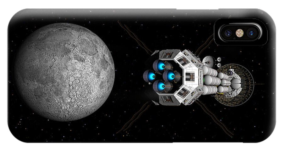 Spaceship iPhone X Case featuring the digital art USS Savannah passing earth's moon by David Robinson