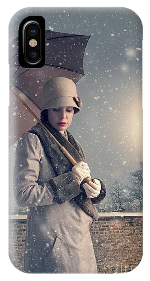 1940's iPhone X Case featuring the photograph Vintage Woman With Coat Hat And Umbrella Outside In Snow by Lee Avison