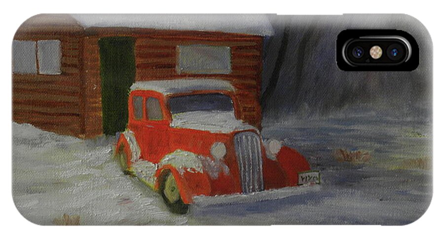 Car Home Snow Landscape Country Past Time iPhone X Case featuring the painting When Cars Were Big And Homes Were Small by Scott W White