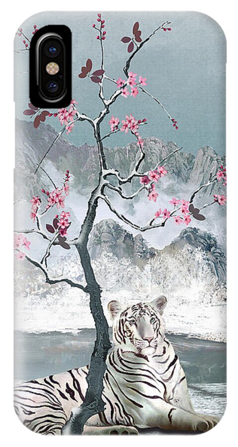 Tiger; Bengal; White Tiger; White; Winter; Snow; Mountains; Plum; Plum Tree; Blossoms; Plum Blossoms; Landscape; Asian; Chinese; China; Spadecaller; Digital; Digital Painting iPhone X Case featuring the digital art White Tiger And Plum Tree by M Spadecaller