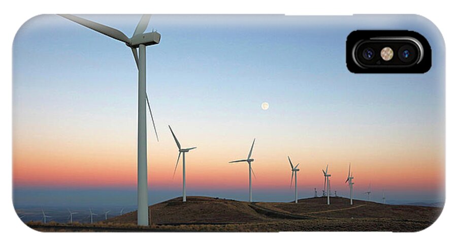 Wind Turbines At Sunset On The Wild Horse Wind And Solar Facility In Ellensburg iPhone X Case featuring the photograph Wind Turbines at Moonrise by Martin Konopacki