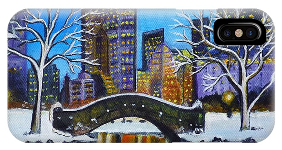 Winterlandscape iPhone X Case featuring the painting Winter in New York- Night Landscape by Manjiri Kanvinde