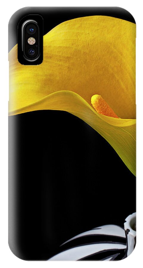 Yellow Calla Lily Black White Vase iPhone X Case featuring the photograph Yellow calla lily in black and white vase by Garry Gay