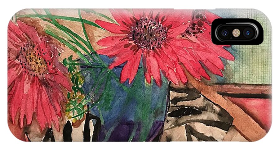 Watercolor iPhone X Case featuring the painting Zebra and Red Sunflowers by Dottie Visker
