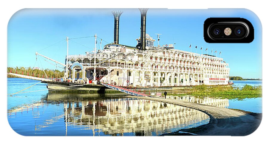 David Lawson Photography iPhone X Case featuring the photograph American Queen Steamboat Reflections on the Mississippi River by David Lawson