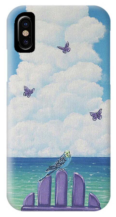 Budgie On Adirondack Chair With Butterflies iPhone X Case featuring the painting Chairadise by Elisabeth Sullivan