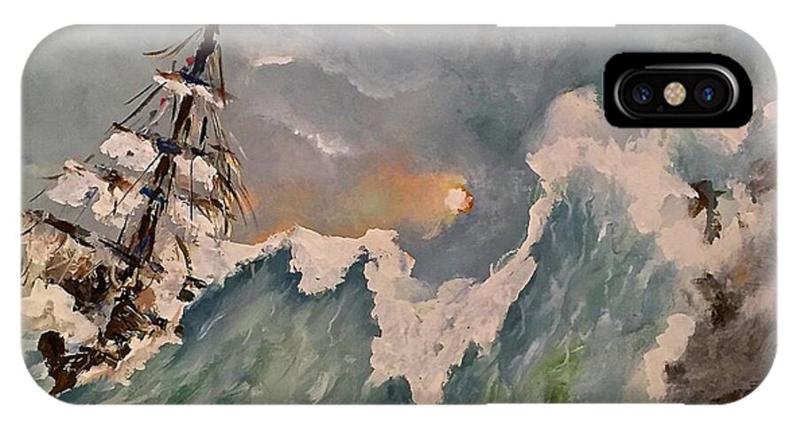 Crashing Waves Thunderstorm Ocean Water Sea Wave Ship Clouds Cloudy Acrylic Painting Blue Sunset Evening Seascape iPhone X Case featuring the painting Crashing Waves by Miroslaw Chelchowski