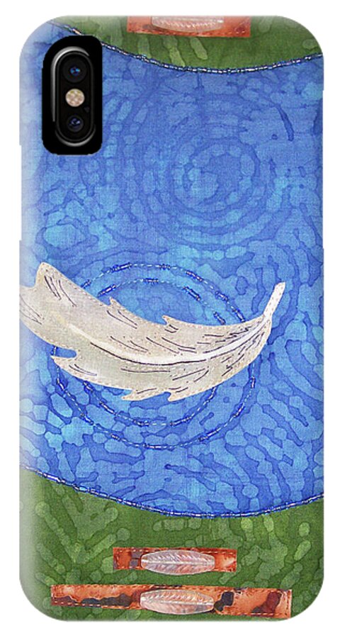 Art Quilt iPhone X Case featuring the tapestry - textile Floating Feather by Pam Geisel