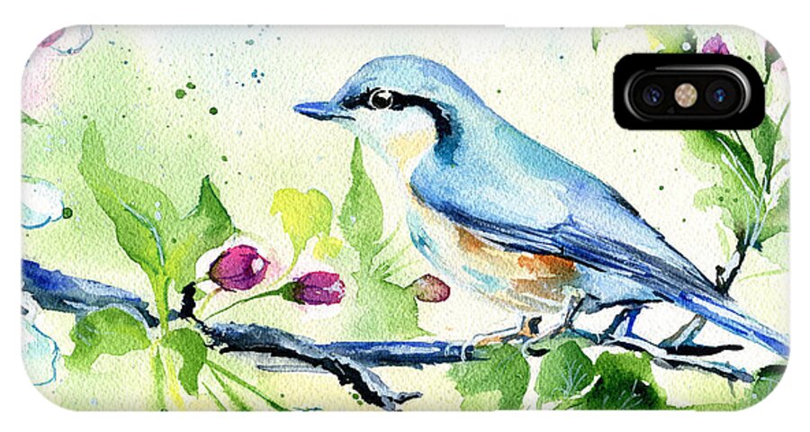 Spring iPhone X Case featuring the painting Little Blue Spring Bird by Dora Hathazi Mendes