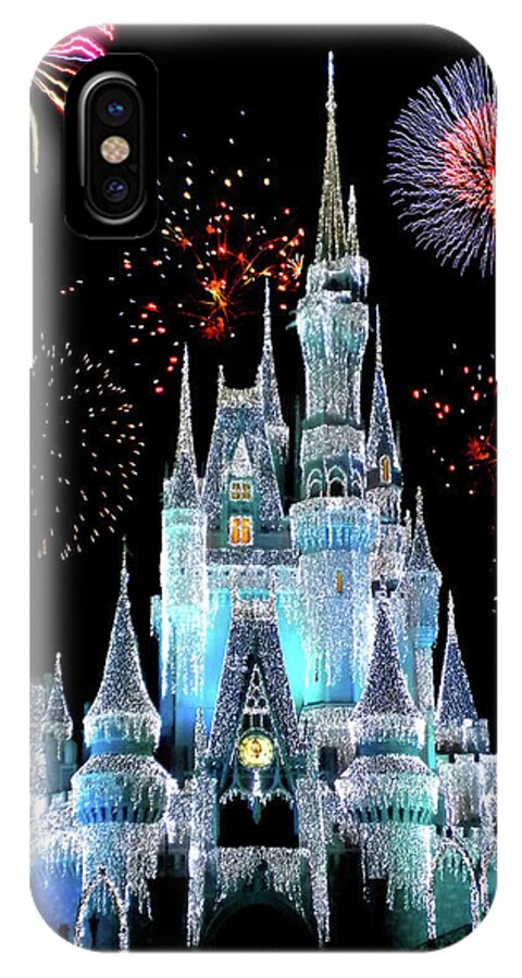 Castle iPhone X Case featuring the photograph Magic Kingdom Castle In Frosty Light Blue with Fireworks 06 by Thomas Woolworth
