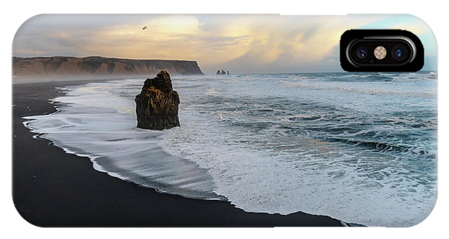 Reynisfjara iPhone X Case featuring the photograph Reynisfjara Beach at sunset by Mark Hunter