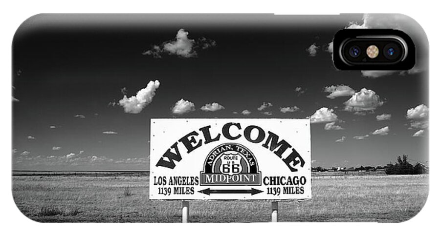 66 iPhone X Case featuring the photograph Route 66 - Midpoint Sign 2010 BW by Frank Romeo
