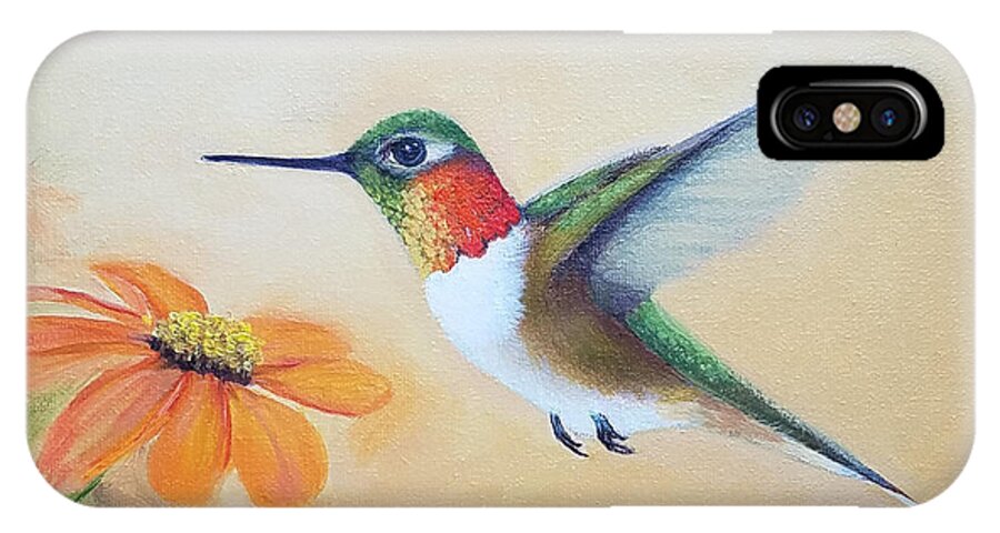 Rufous Hummingbird iPhone X Case featuring the painting Rufous in Marigolds by Mishel Vanderten
